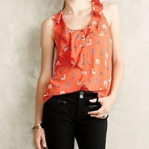 Maeve Paris Print Ruffle Sleeveless Blouse - Picture 1 of 7